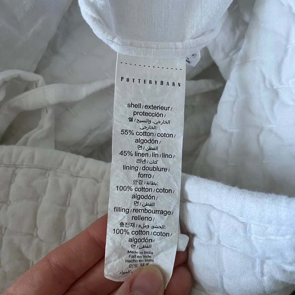 Pottery Barn White Pick Stitch Quilted Pillow Sham Cotton Linen Tie Closure
